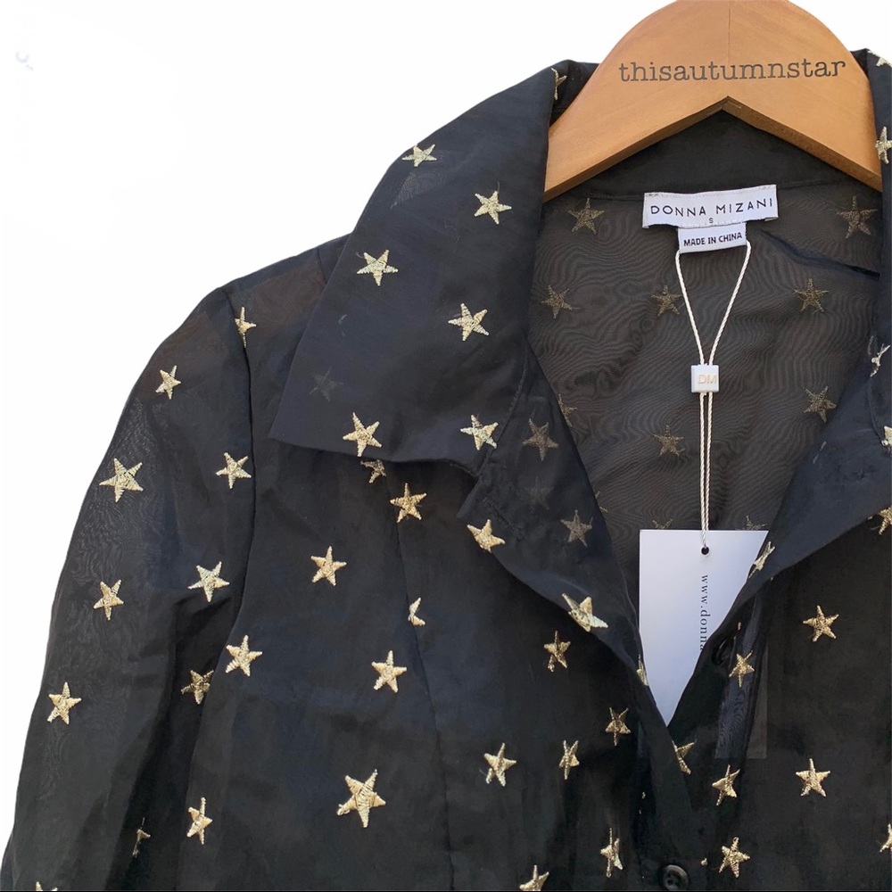 Donna Mizani Gold Star Embroidered Sheer Button Down Blouse Top Crop - Picture 4 of 12